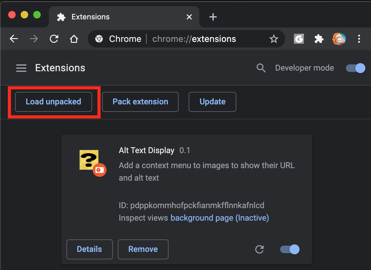 Loading an unpacked extension in Google Chrome