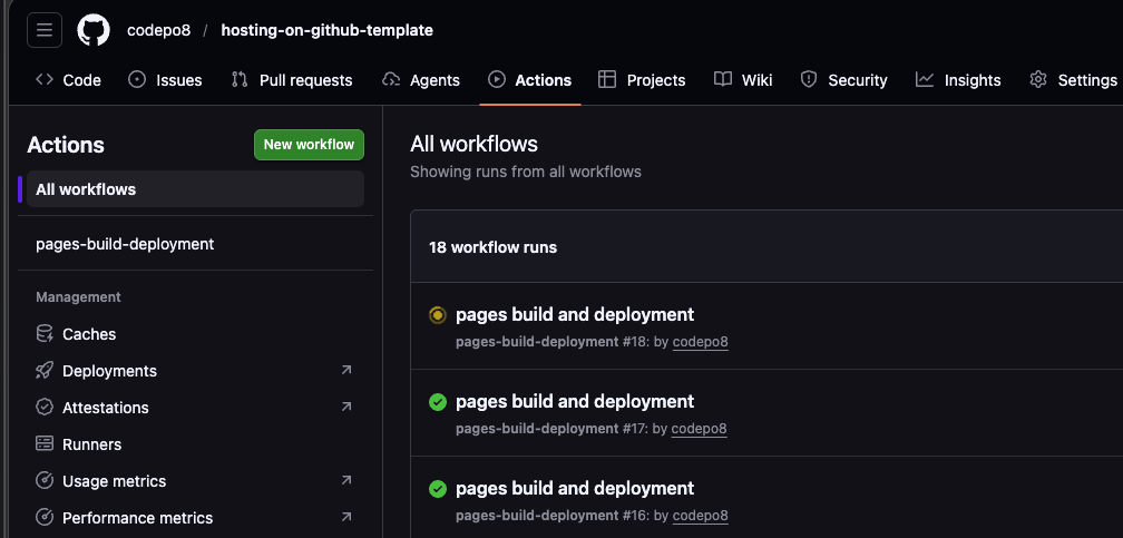 Actions tab showing a running build of GitHub pages