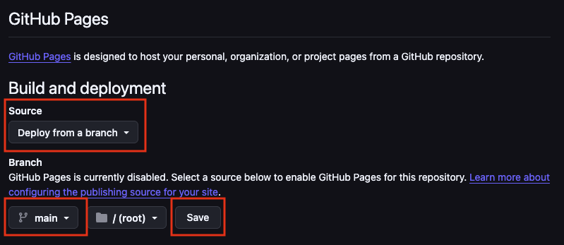 The Github pages screen with the sections highlighted you should interact with