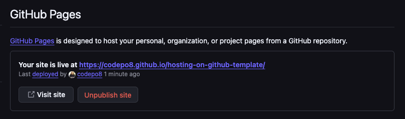 Github pages section with successfully deployed page information