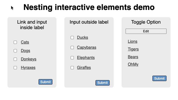 Screen recording showing the interaction with the nested link inside the label using mouse and keyboard